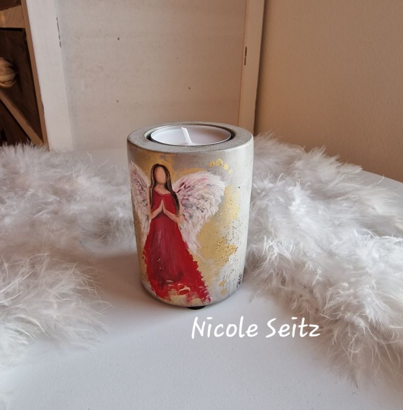 Engellicht aus Beton * handbemalt * Herz * Rot-Gold